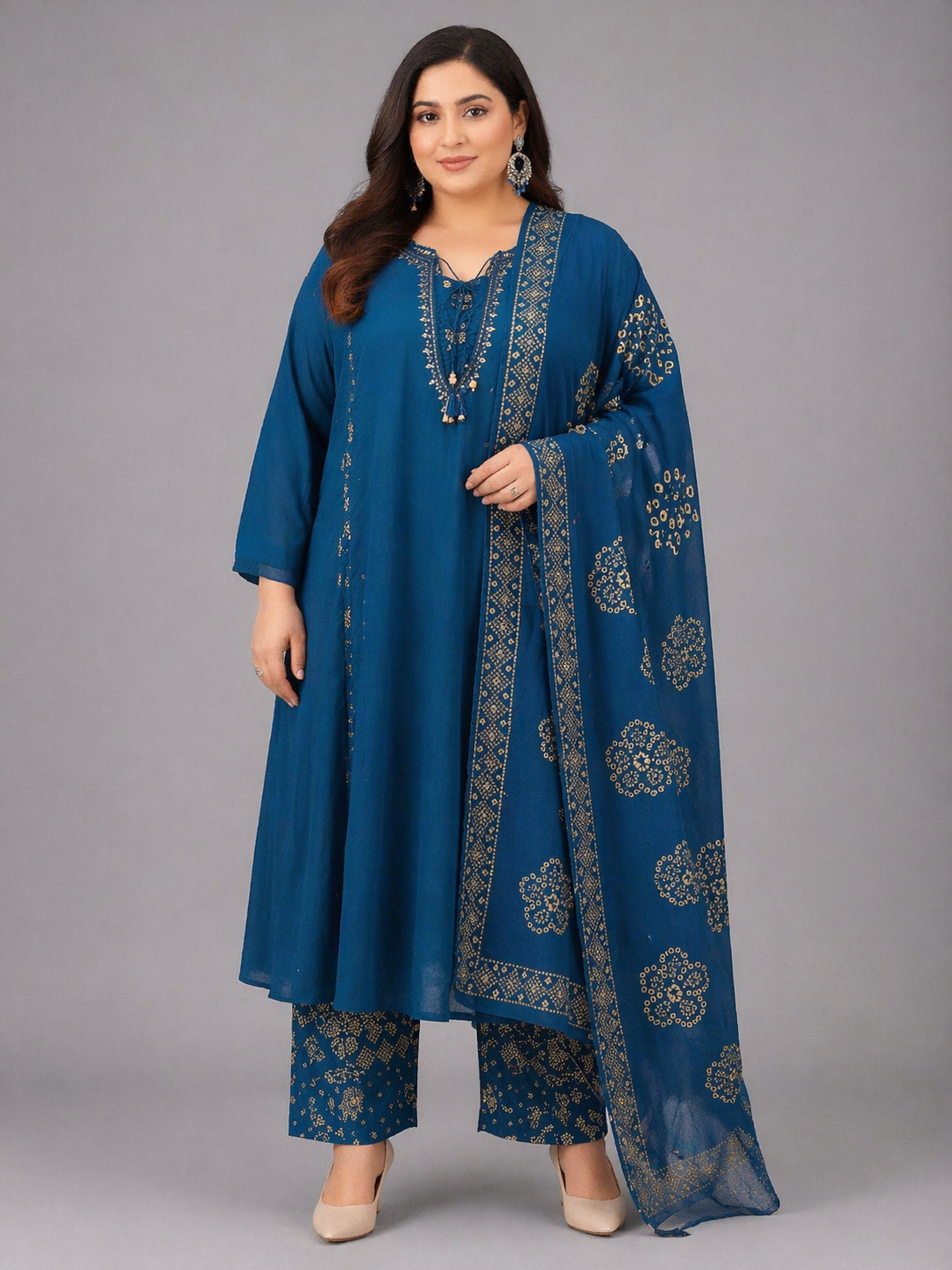 Royal Teal Blue Printed Cotton Kurta Set with Dupatta (Plus Size Friendly)